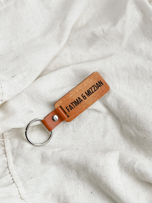 Rechthoekige Gepersonaliseerde Sleutelhanger van Hout en Imitatieleer